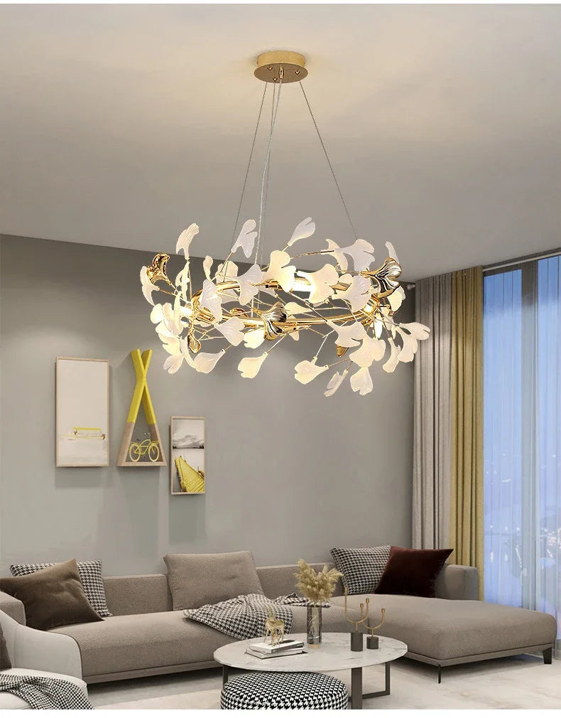Nordic Luxury Ceramic Acrylic Ginkgo Leaf Chandelier Home Decor Hanging Light Fixture Living Dining Room Bedroom Pendant Lamp