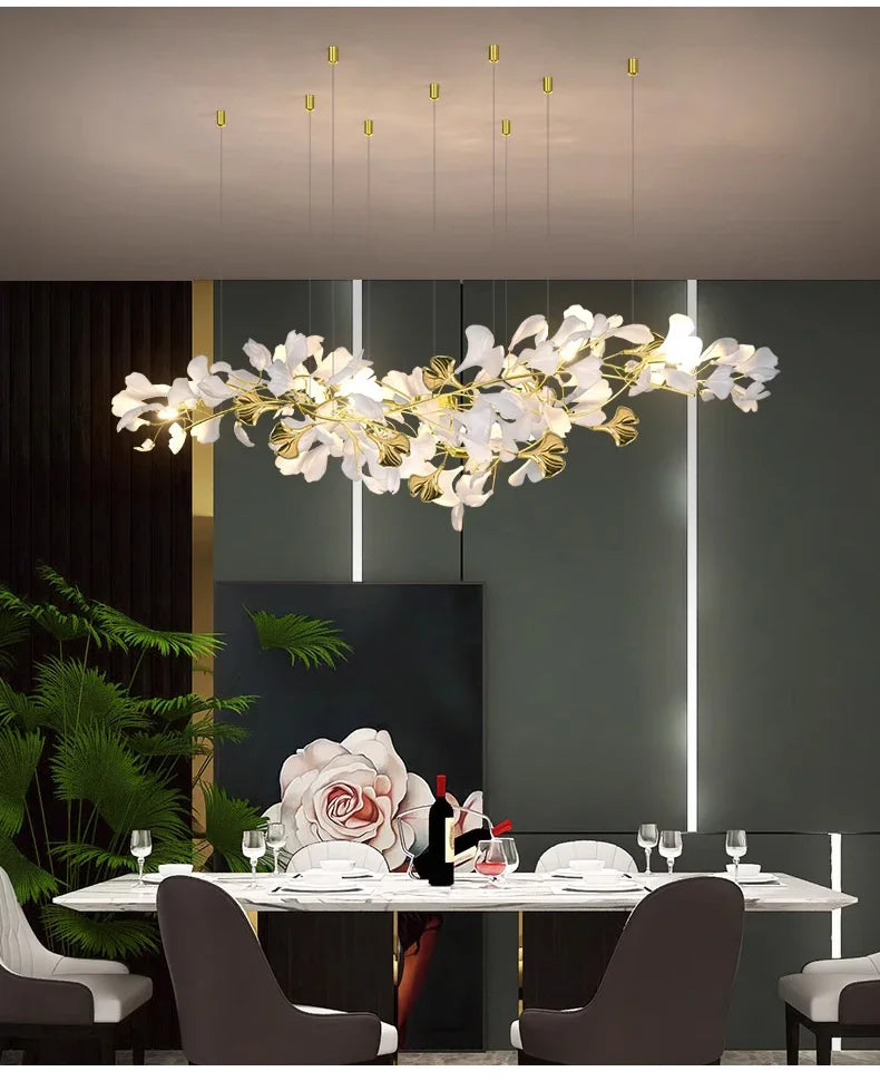 Nordic Luxury Ceramic Acrylic Ginkgo Leaf Chandelier Home Decor Hanging Light Fixture Living Dining Room Bedroom Pendant Lamp