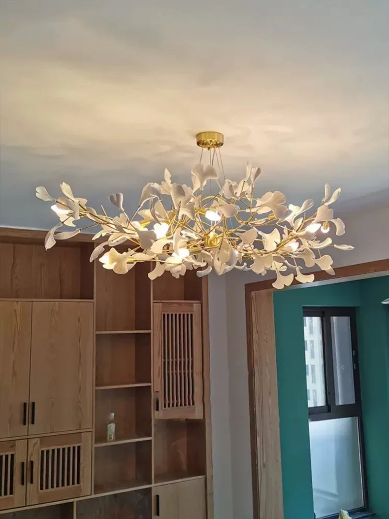 Nordic Luxury Ceramic Acrylic Ginkgo Leaf Chandelier Home Decor Hanging Light Fixture Living Dining Room Bedroom Pendant Lamp