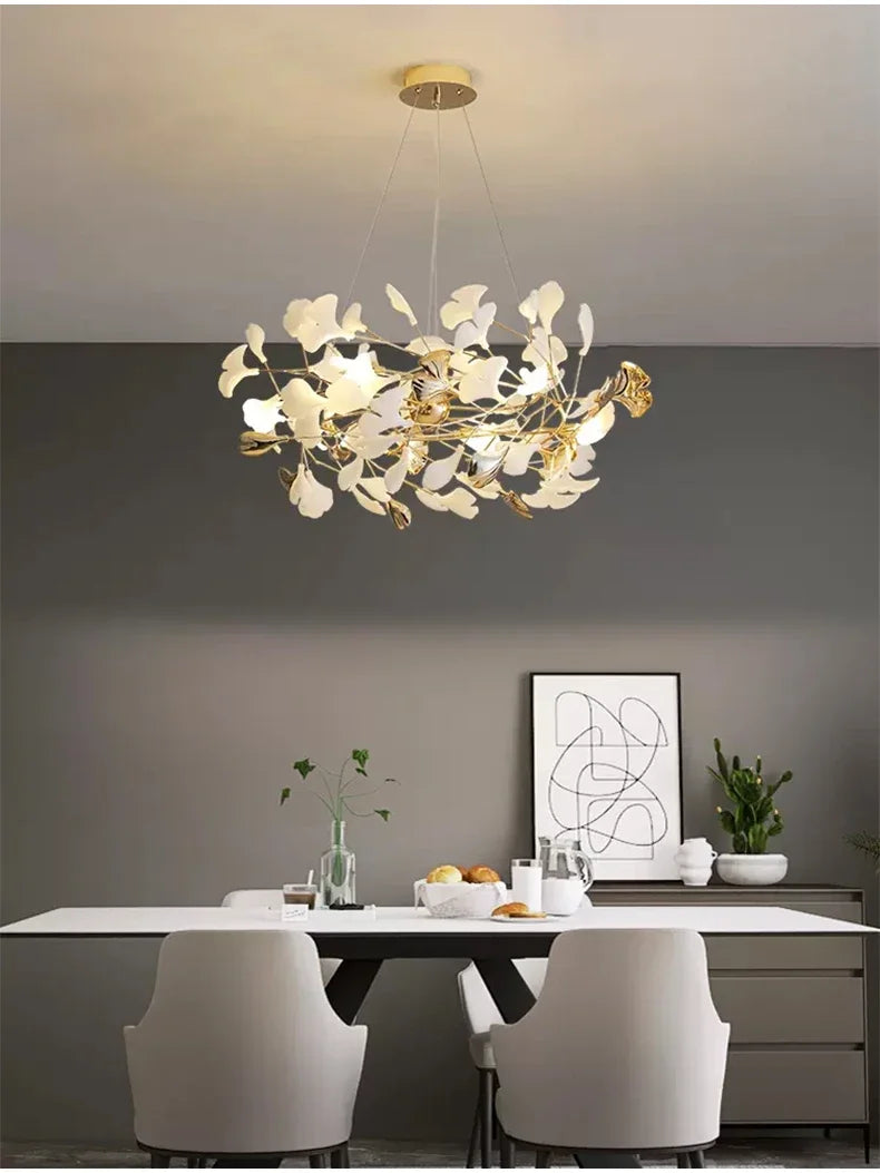 Nordic Luxury Ceramic Acrylic Ginkgo Leaf Chandelier Home Decor Hanging Light Fixture Living Dining Room Bedroom Pendant Lamp
