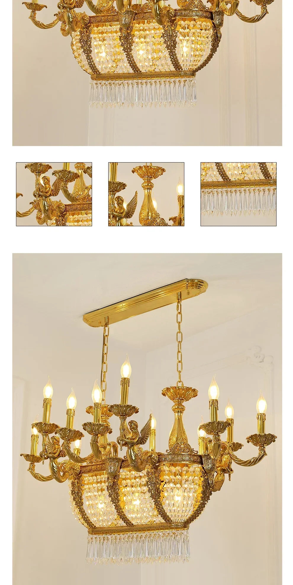 French Gold Rectangular Lighting Low Ceiling Pendant Lamp Dining Room Crystal Classical Chandelier For Dinning Room