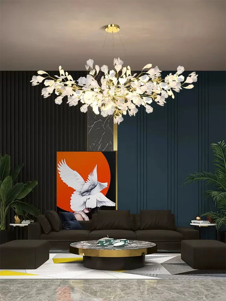 Nordic Luxury Ceramic Acrylic Ginkgo Leaf Chandelier Home Decor Hanging Light Fixture Living Dining Room Bedroom Pendant Lamp