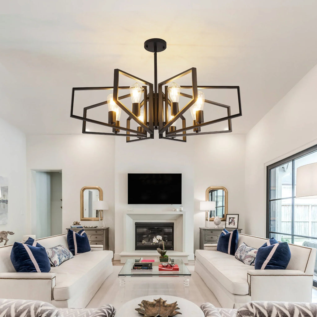 Modern 8-Light Geometric Chandelier Adjustable Height Metal Pendant Light with Black Frame & Golden Accents Ceiling Light Decor