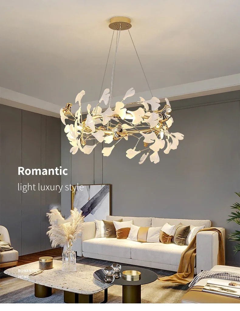 Nordic Luxury Ceramic Acrylic Ginkgo Leaf Chandelier Home Decor Hanging Light Fixture Living Dining Room Bedroom Pendant Lamp