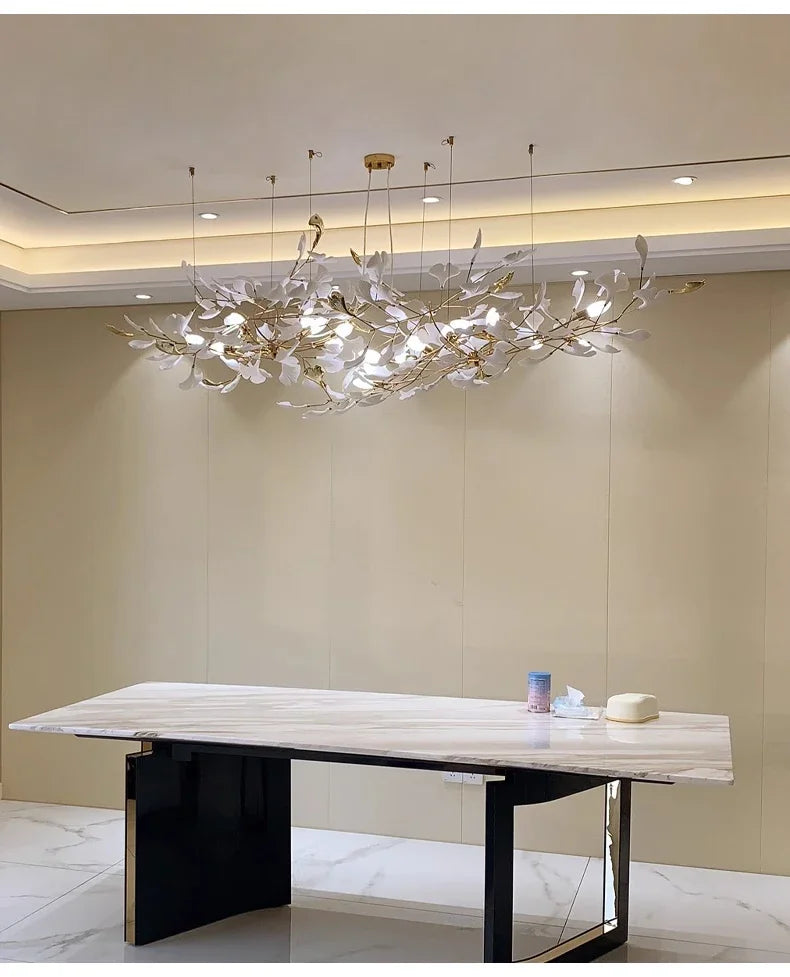Nordic Luxury Ceramic Acrylic Ginkgo Leaf Chandelier Home Decor Hanging Light Fixture Living Dining Room Bedroom Pendant Lamp