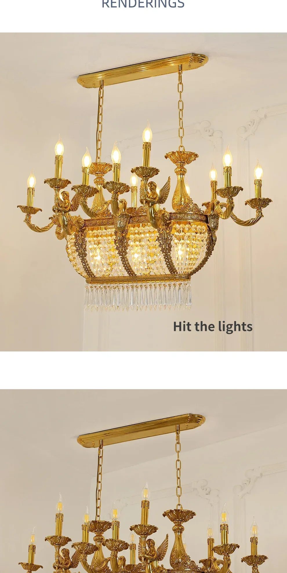 French Gold Rectangular Lighting Low Ceiling Pendant Lamp Dining Room Crystal Classical Chandelier For Dinning Room