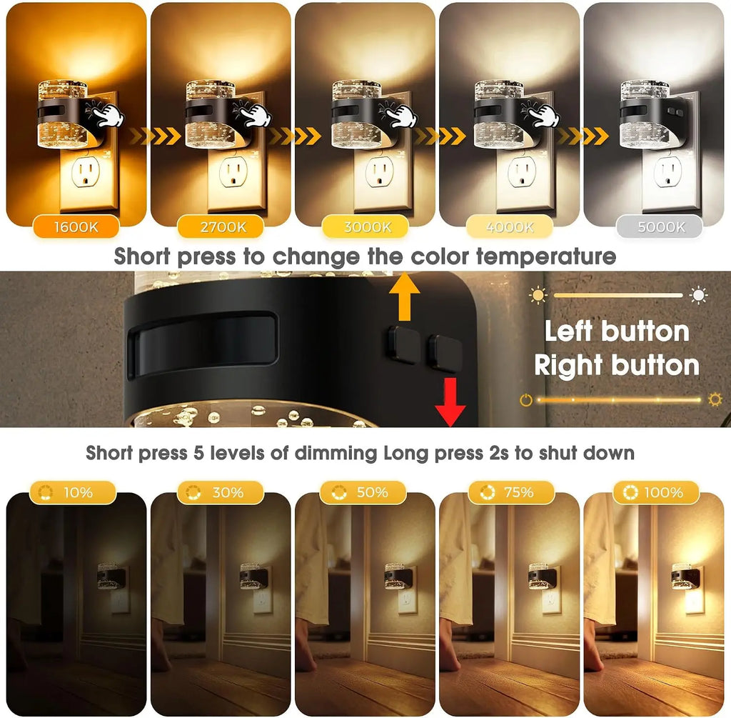 Motion Sensor Night Light, 5CCT Dimmable Plug-in, 2 Pack, Auto Dusk to Dawn for Hallway Bathroom