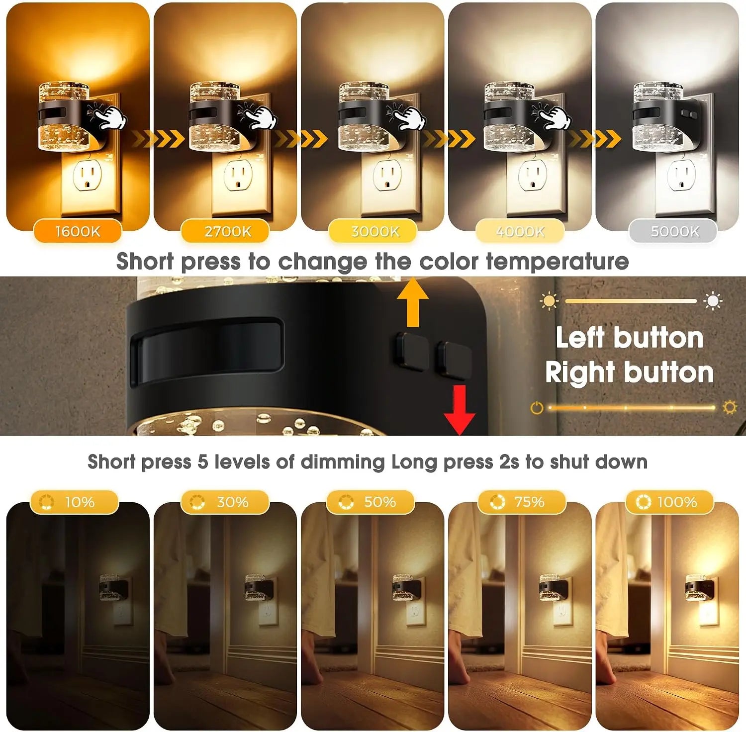 Motion Sensor Night Light, 5CCT Dimmable Plug-in, 2 Pack, Auto Dusk to Dawn for Hallway Bathroom
