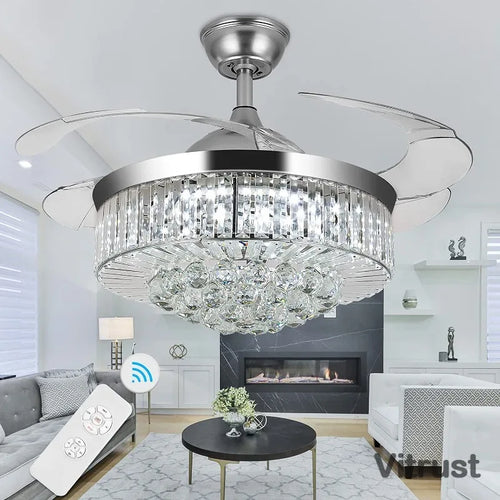 42 inch Fandelier Crystal Ceiling Fans with Lights and Remote Modern Retractable Chandelier Fan LED Ceiling Fan Light Kit
