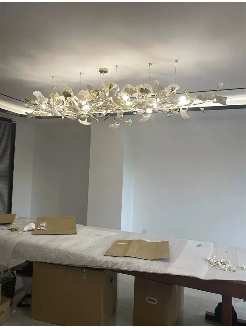 Nordic Luxury Ceramic Acrylic Ginkgo Leaf Chandelier Home Decor Hanging Light Fixture Living Dining Room Bedroom Pendant Lamp