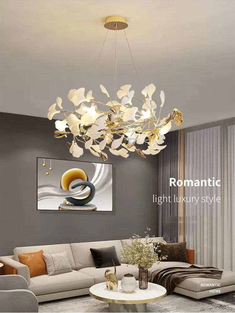 Nordic Luxury Ceramic Acrylic Ginkgo Leaf Chandelier Home Decor Hanging Light Fixture Living Dining Room Bedroom Pendant Lamp